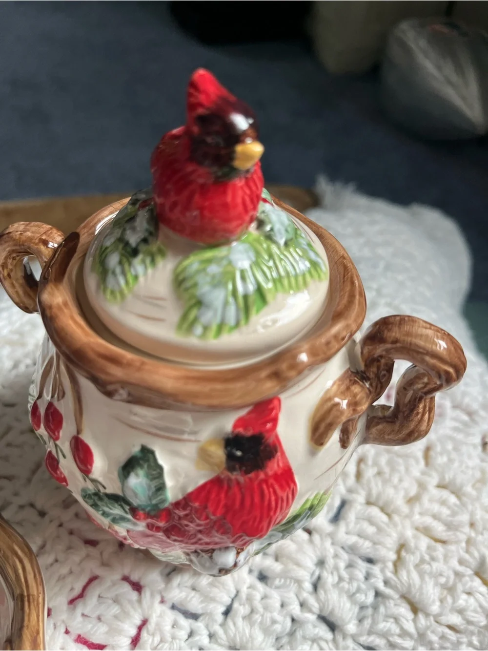 Christmas Traditions Red Cardinal Bird Sugar Bowl, Creamer Set and Spoon Rest